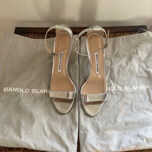 Manolo metallic open toe ankle strap sandals with stiletto mid-heel